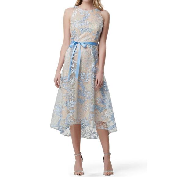 Tahari Blue Floral Embroidered High Low Gown Size 12 - Picture 1 of 9